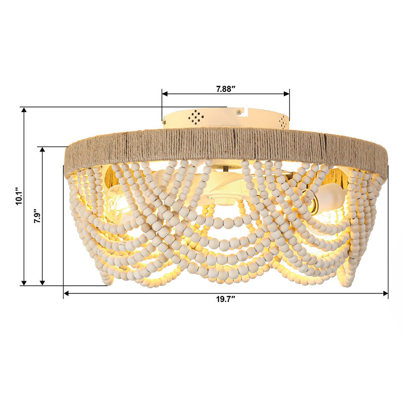 20" Beige Wood Beaded 4-Light Flush Mount Smart Ceiling Fan with Remote and Light Kit