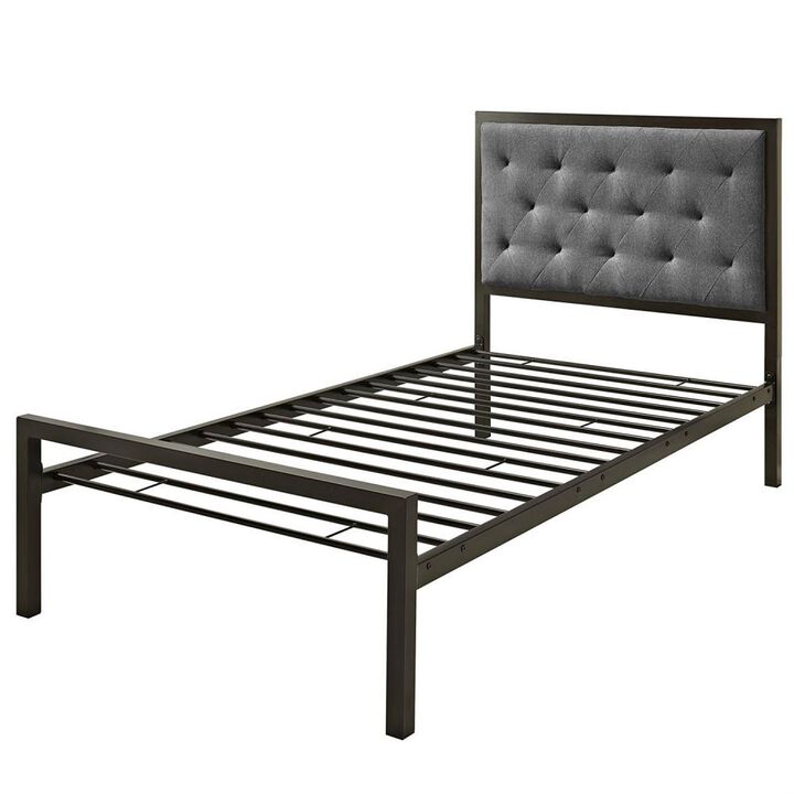 Hivvago Twin Metal Platform Bed with Gray Fabric Button Tufted Upholstered Headboard