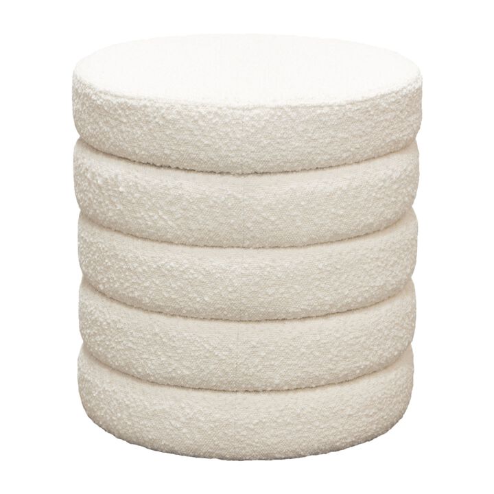 Accent Ottoman, 17 Inch, Ivory Boucle Upholstery, Round Stacked Design