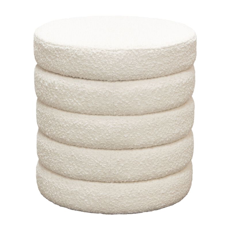 Accent Ottoman, 17 Inch, Ivory Boucle Upholstery, Round Stacked Design