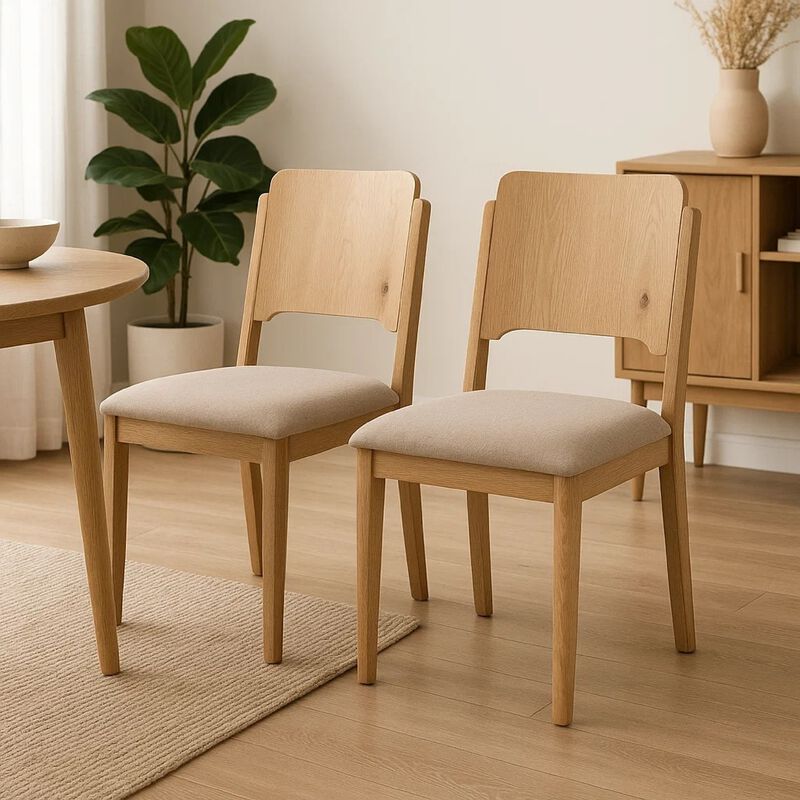 Aruk Dining Chair Set of 2, Khaki Padded Fabric Seat, Brown Wood Legs image number 1