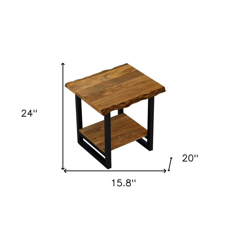 Modern Industrial End Table &ndash; Solid Wood Top with Open Metal Shelf