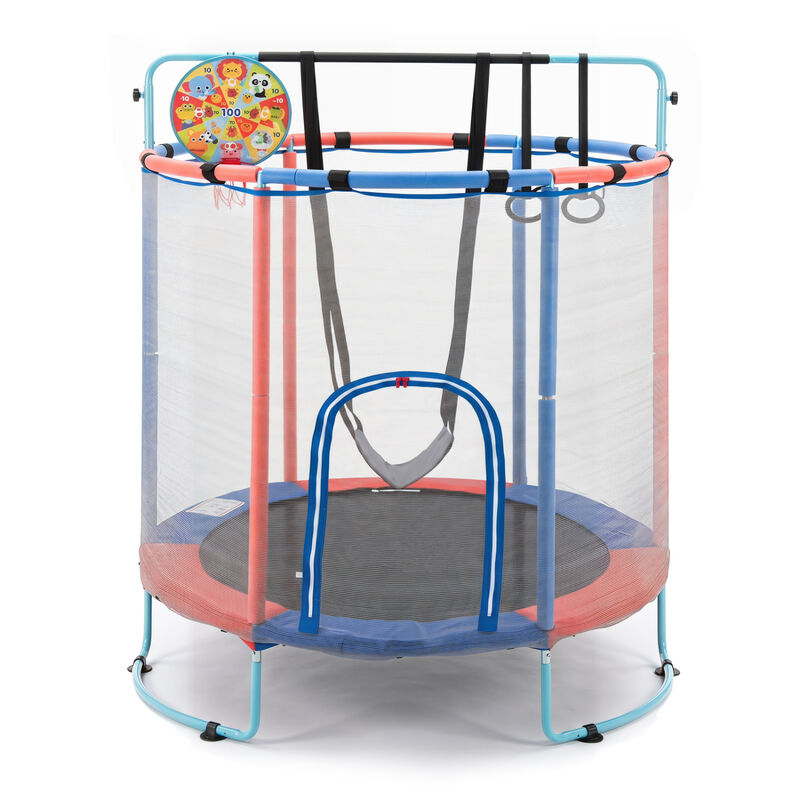 Kids Trampoline with Gymnastics Bar Adjustable Height and Basketball Hoop Ages 3 Plus image number 0