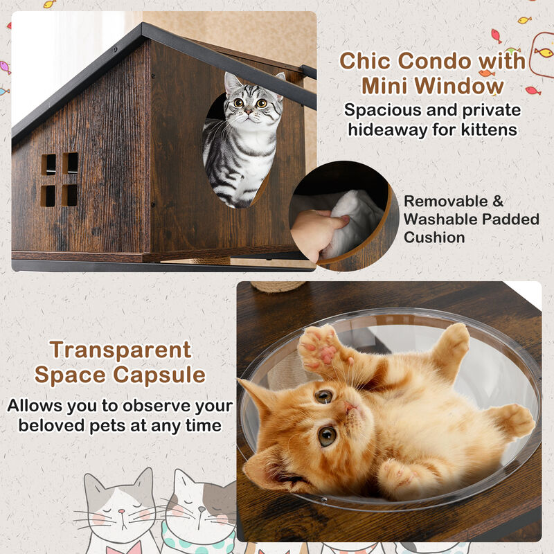 Industrial Indoor Cat Condo with Litter Box &ndash; Multi-Level Cat Tree Furniture - Rustic Brown image number 3