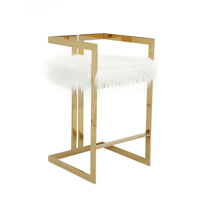 Suki 30 Inch Barstool Chair, White Faux Fur Seat, Stainless Steel, Gold - Benzara