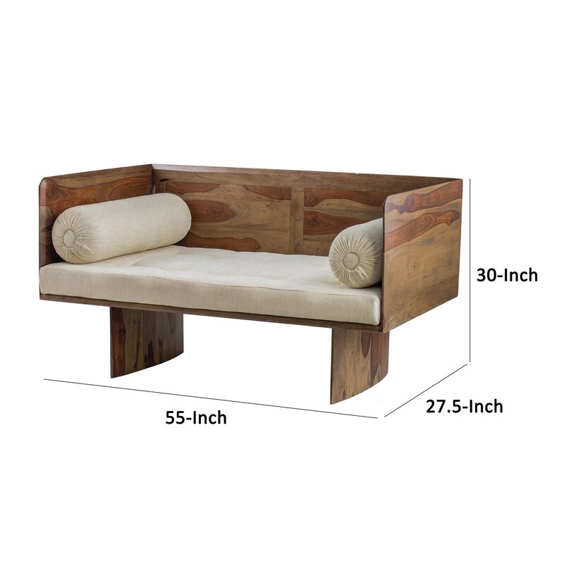 Enid 55 Inch Two Seater Sofa Bench, Modern Rustic Wood Frame, Brown - Benzara