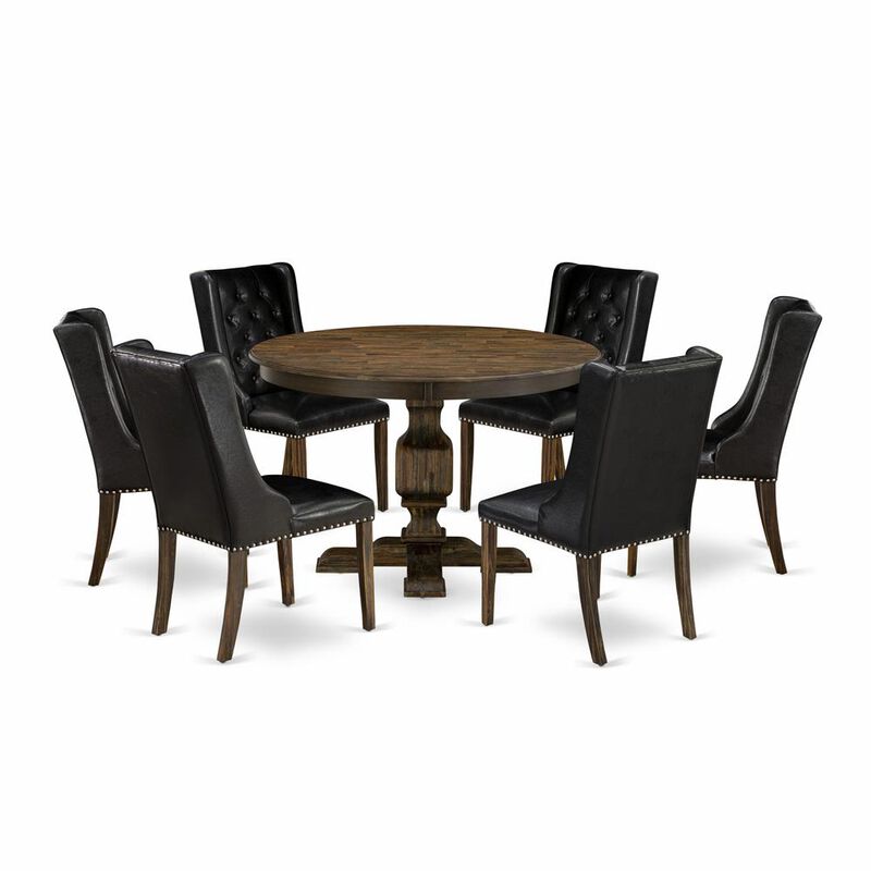 East West Furniture 7 Piece Kitchen Dining Table Set Consists of a Dinner Table and 6 Black PU Leather Dining Room Chairs with Button Tufted Back - Distressed Jacobean Finish