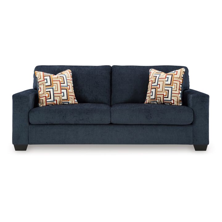 Avie Queen Sofa Sleeper, 2 Accent Pillows, Navy Blue Polyester 85 Inch - Benzara