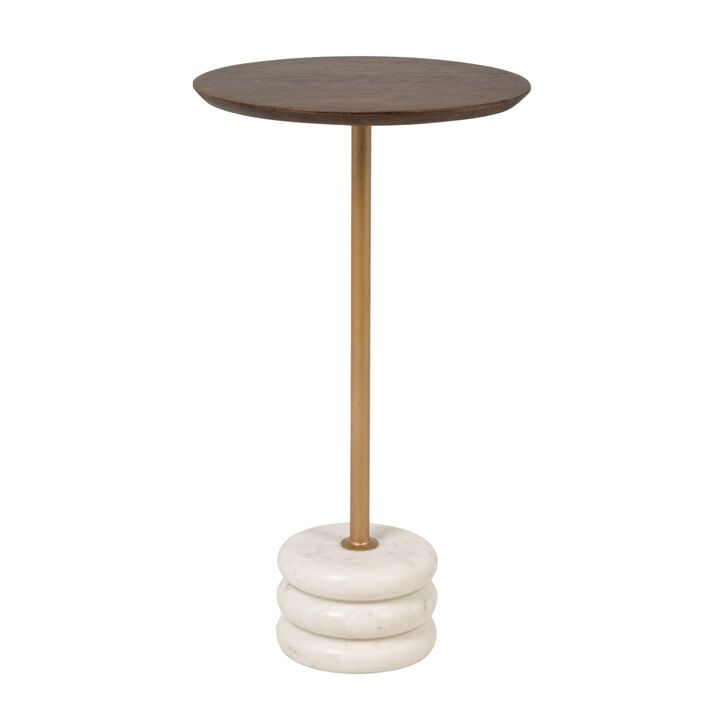 Stacked Marble Base and Mango Wood Drink Table with Gold Post, Walnut Finish