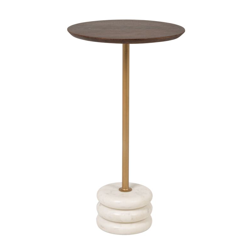 Stacked Marble Base and Mango Wood Drink Table with Gold Post, Walnut Finish image number 0