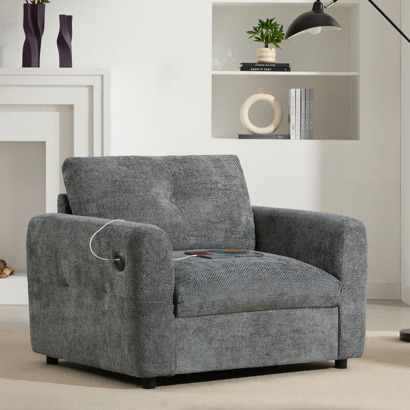 Whisen 42*33" Single Sofa, Armchair with Wide Seat, Dual-port Charger, Pull-line & Tufted Design, High-density Foam