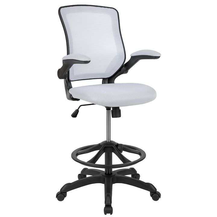 Flash Furniture Kale Mid-Back White Mesh Ergonomic Drafting Chair | Adjustable Foot Ring, Flip-Up Arms