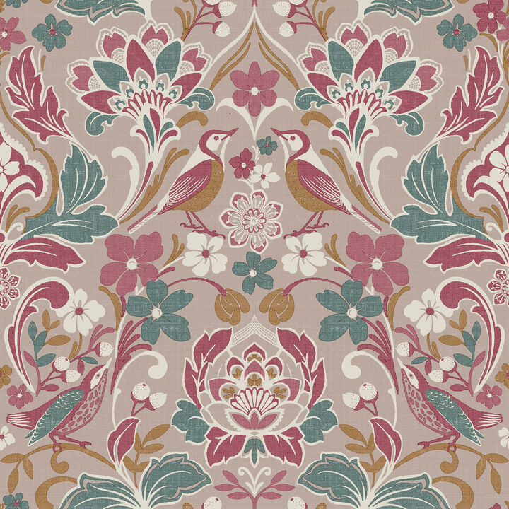Birdy Pink Nuthatch Floral Wallpaper