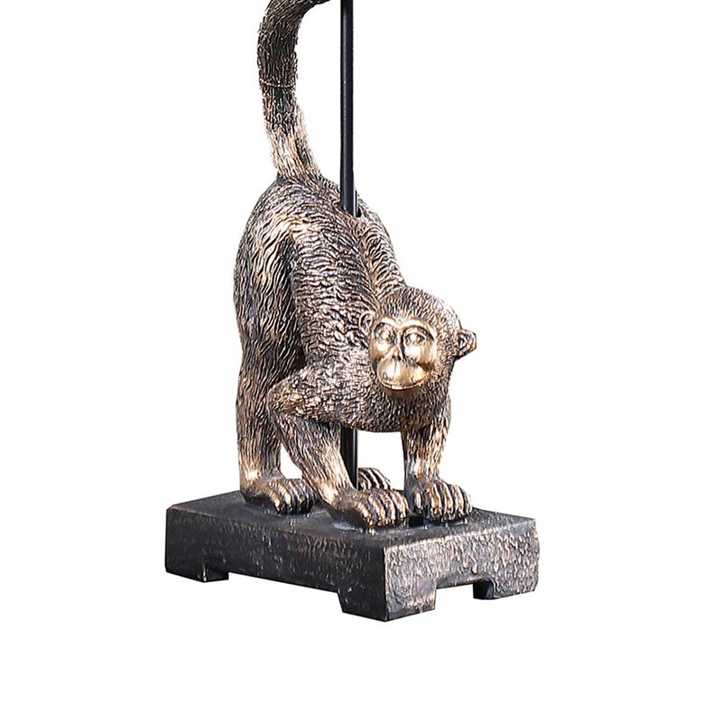 Ree 24 Inch Accent Table Lamp, Monkey Resin Sculpture, Drum Shade, Bronze - Benzara