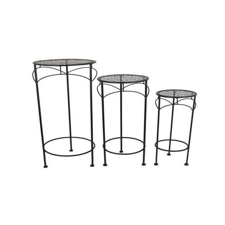 Gyi Nesting Plant Stand Side Table Set of 3, Round Carved Top, Black Metal - Benzara