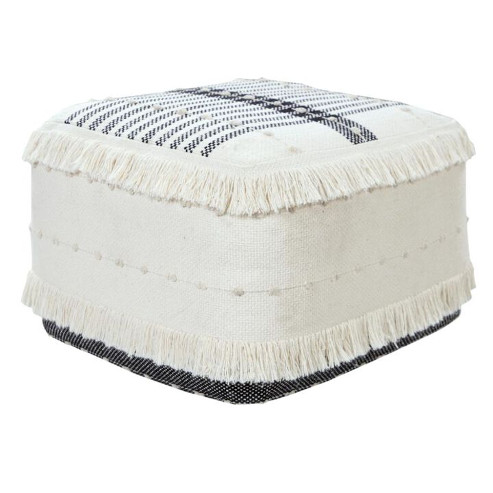 Hivvago 18 Inch White Cotton Striped Pouf Ottoman