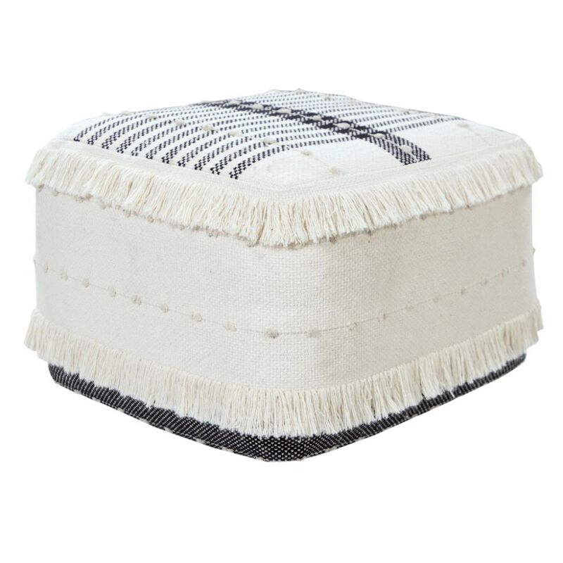 Hivvago 18 Inch White Cotton Striped Pouf Ottoman
