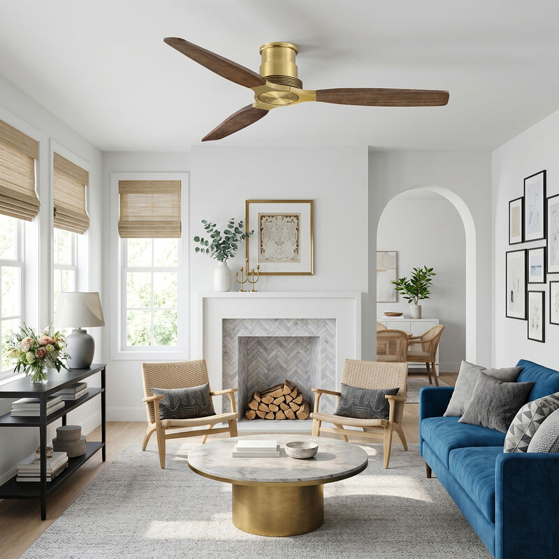 56" Soft Brass Mid Century Solid Wood Low Profile Reversible 6 Speed Flush Mount Ceiling Fan No Light with Remote image number 3