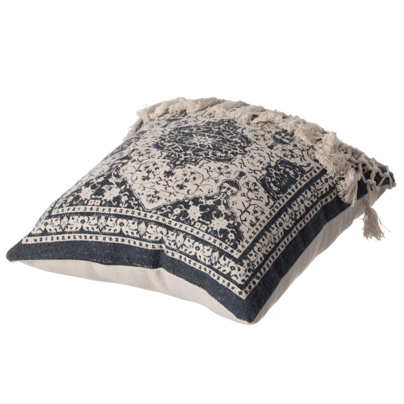16" Handwoven Cotton Throw Pillow Cover with Traditional Pattern and Tasseled Top, Navy