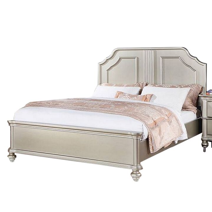 Opp Platform King Size Bed with Curved Panel Headboard, Champagne Silver - Benzara
