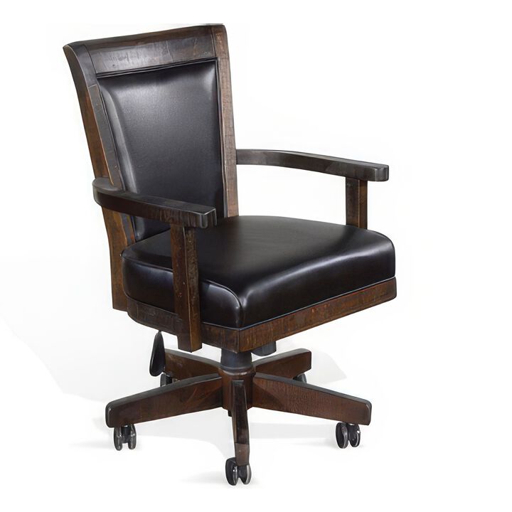 Flint Rolling Swivel Game Chair, Black Faux Leather, Dark Brown Wood - Benzara
