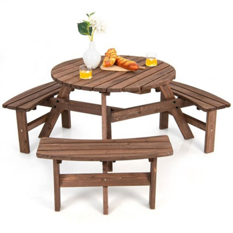Wooden 6 Seater Picnic Table with Center Umbrella Hole for Outdoor Dining