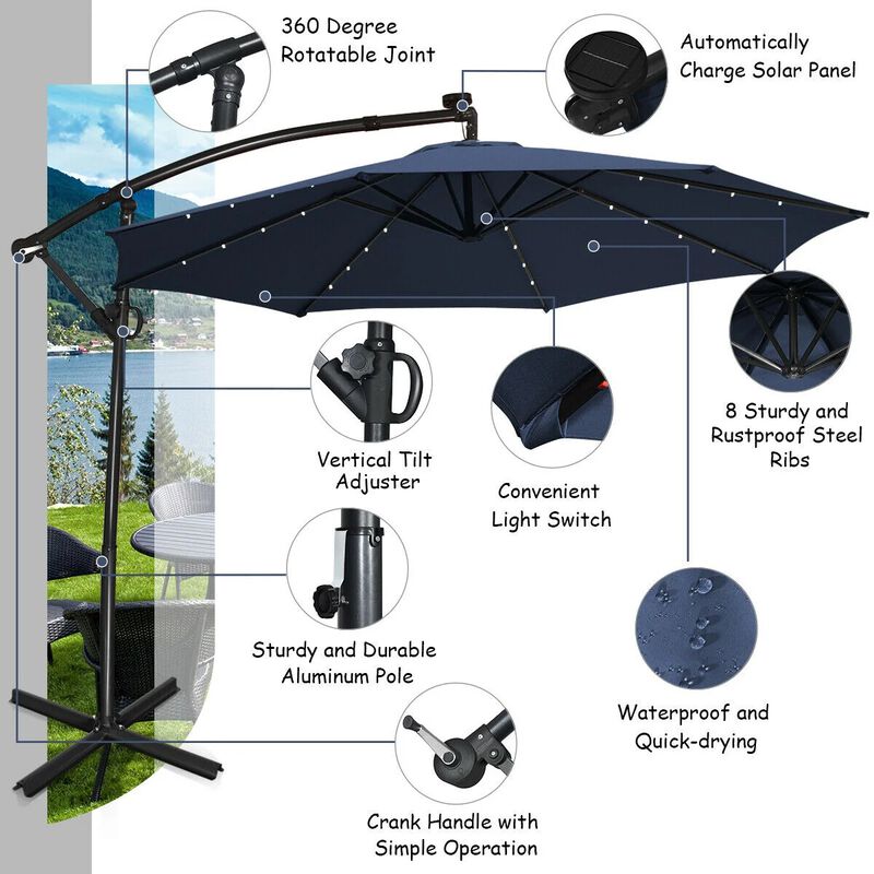 Mondawe 10 Feet 360&deg; Rotation Solar Powered LED Patio Offset Umbrella without Weight Base