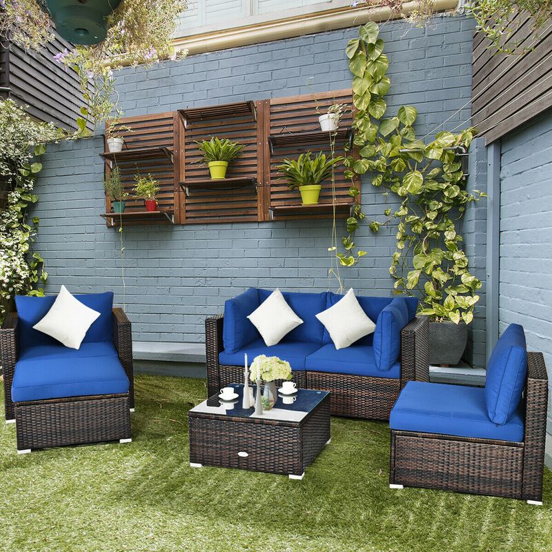 6 Pcs Patio Rattan Furniture Set with Sectional Cushion