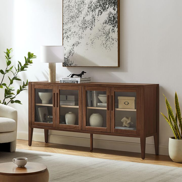 Modway Nell 72 Inch Sideboard Buffet Cabinet with Glass Doors in Walnut &ndash; Modern Storage Display Case with Adjustable Shelves for Dining Room, Kitchen, Living Room