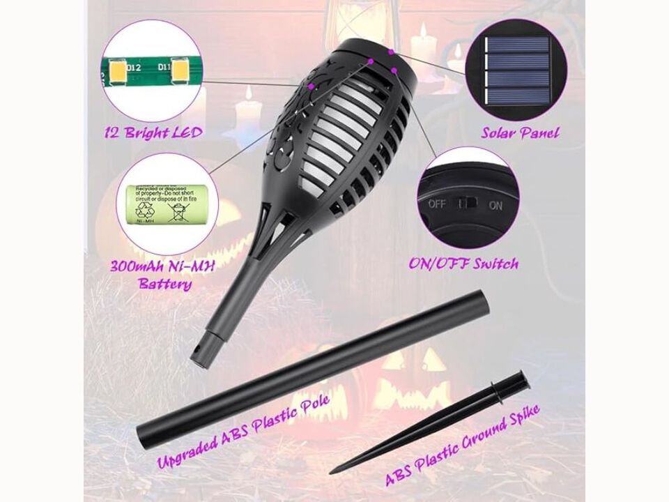 Purple Halloween Solar Torch Lights – Flickering Flame, Waterproof LED Yard Decor with Timer for Garden, Pathway & Patio