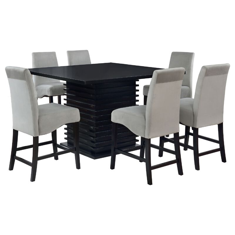 Tela 7pc Counter Height Dining Set, Black Wood Table, 6 Gray Chairs - Benzara