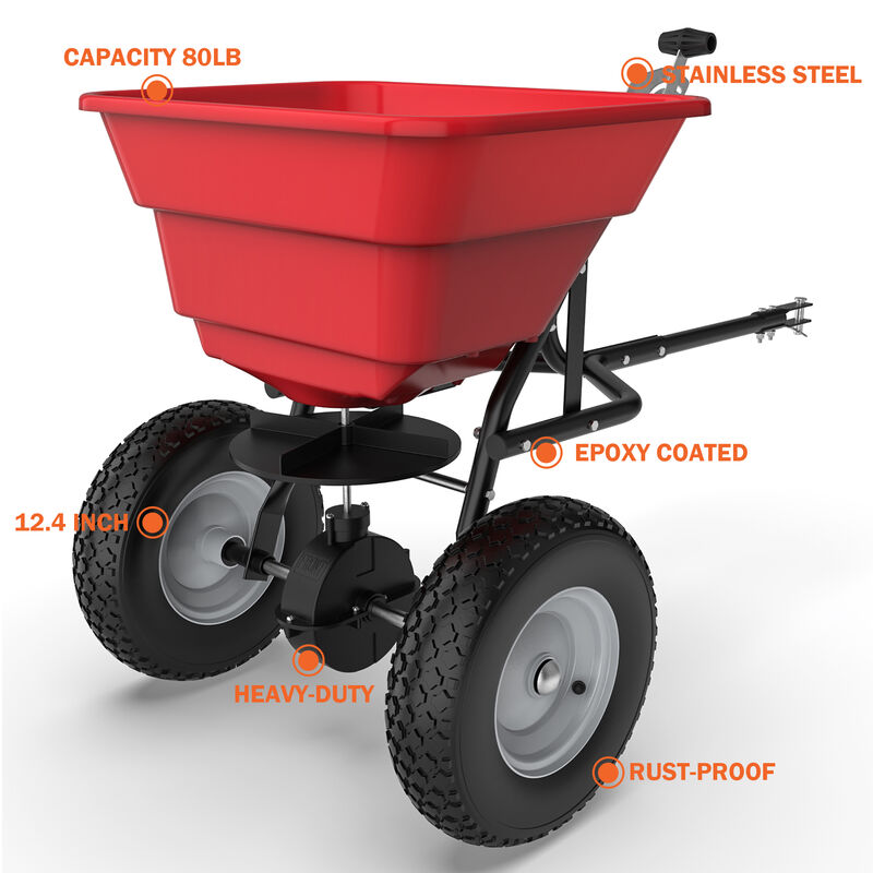 FUFU&GAGA 80lb Tow-Behind Spreader &ndash; Durable Red Frame, Rubber Pneumatic Tires, Adjustable Feed Control, (22.8" L x 16.1" W x 30.3" H), red image number 6