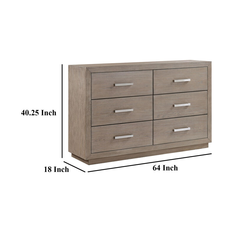 Keno Wide Dresser, 6 Drawers, Metal Bar Handles, Brown Acacia Wood - Benzara