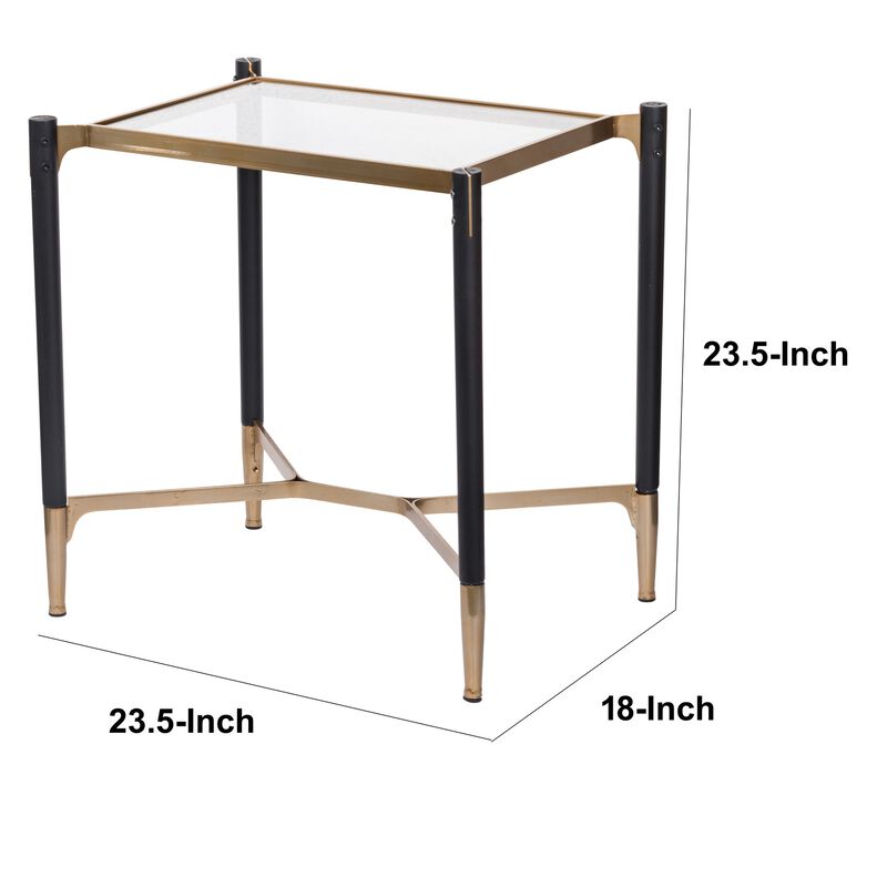 24 Inch Accent Side Table, Iron Frame, Glass Top, Modern, Gold, Black
