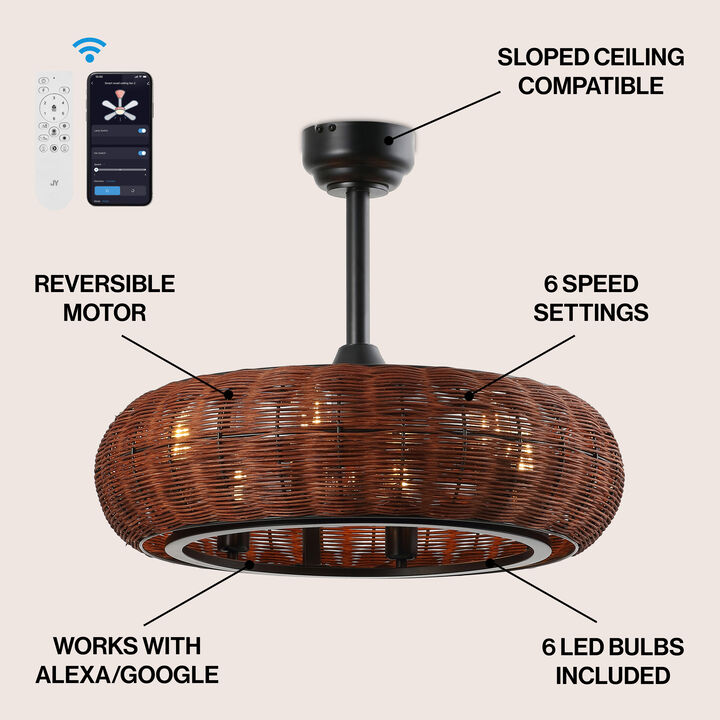 Cassidy 6-Light Modern Bohemian 6-Speed Metal Rattan Mobile-App Remote-Controlled Height-Adjustable Lantern LED Ceiling Fan