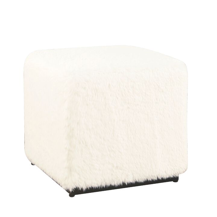 Lev Accent Ottoman, Square Cube SIlhouette with White Faux Fur 16 Inch - Benzara