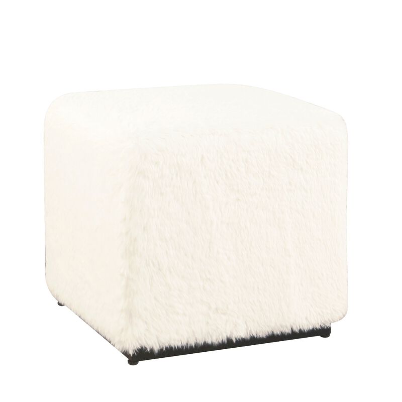 Lev Accent Ottoman, Square Cube SIlhouette with White Faux Fur 16 Inch - Benzara