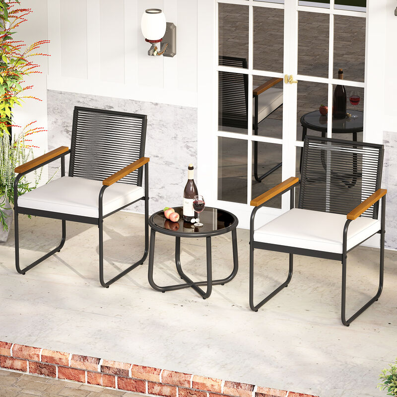 PE Rattan Patio Set, 3 Pieces with Chairs and Round Glass Table-White image number 5
