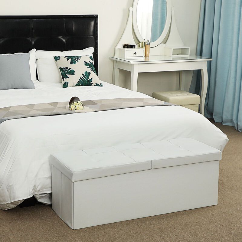 43" L Folding Storage Ottoman Bench with Flipping Lid - Faux Leather Storage Chest with Iron Frame Support