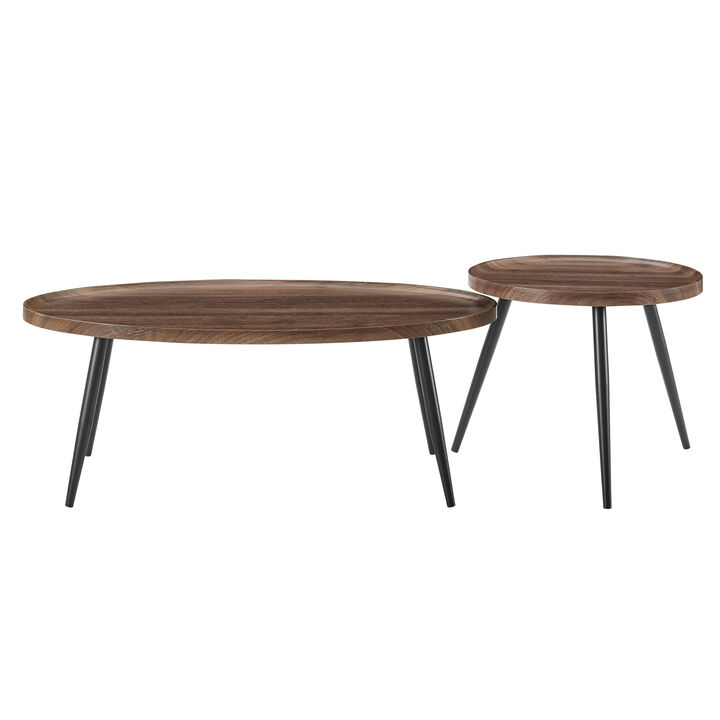 Paxton Nesting Raised Lip Edge 2 Piece Coffee Table Set with Modern Black Metal Taper Legs - Round and Oval