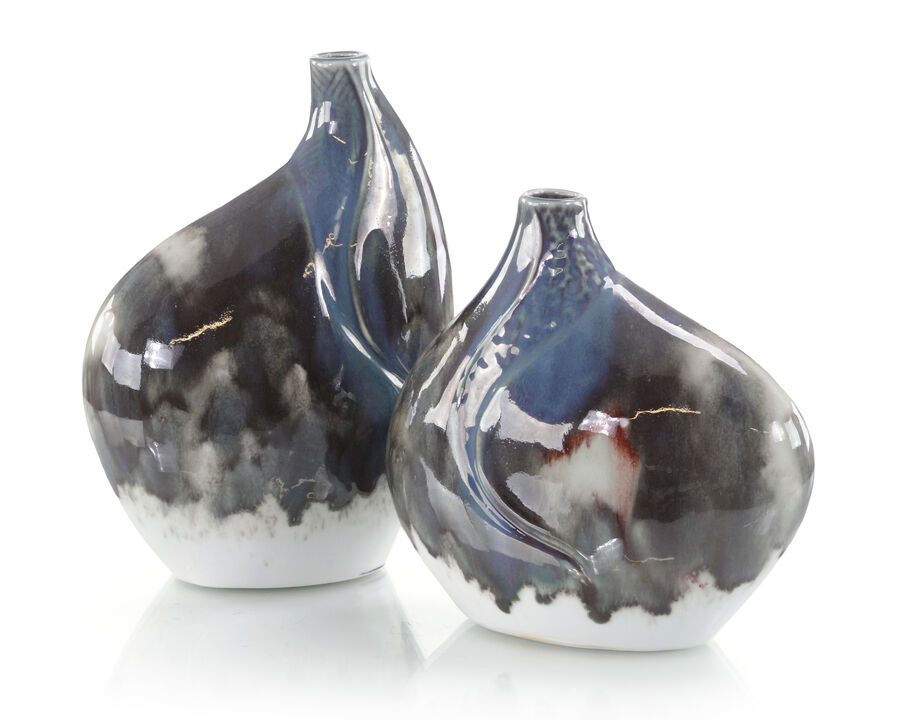 Set Of Two Marbled ReactIVe Glaze Porcelain Vases