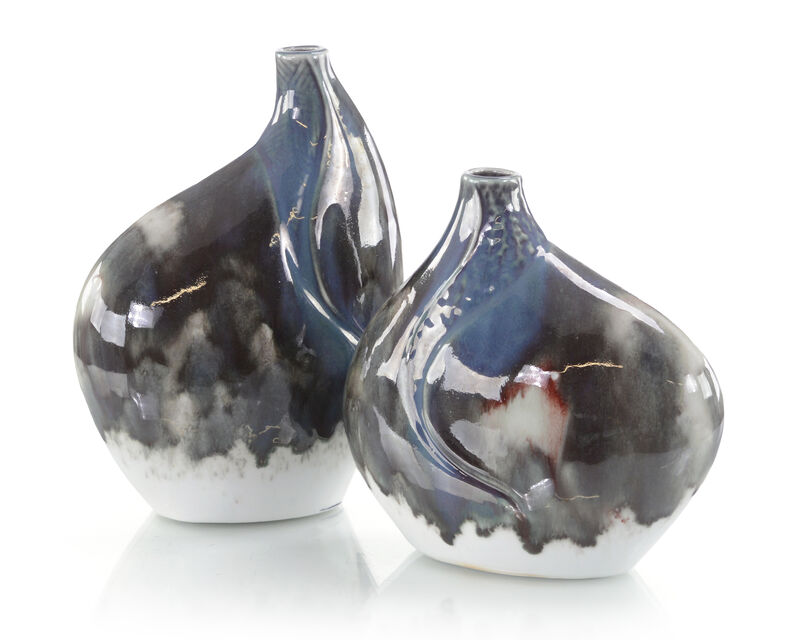 Set Of Two Marbled ReactIVe Glaze Porcelain Vases