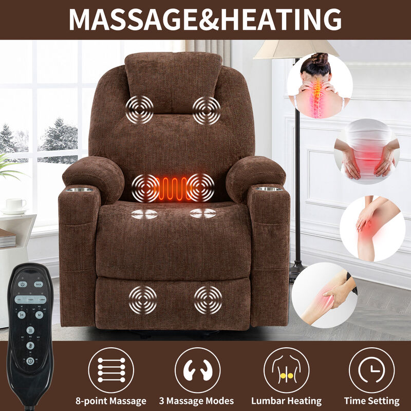 Chenille Power Lift Recliner Chair, Heavy Duty Motion Mechanism with Massage and Lumbar Heating, USB and Type-C Ports