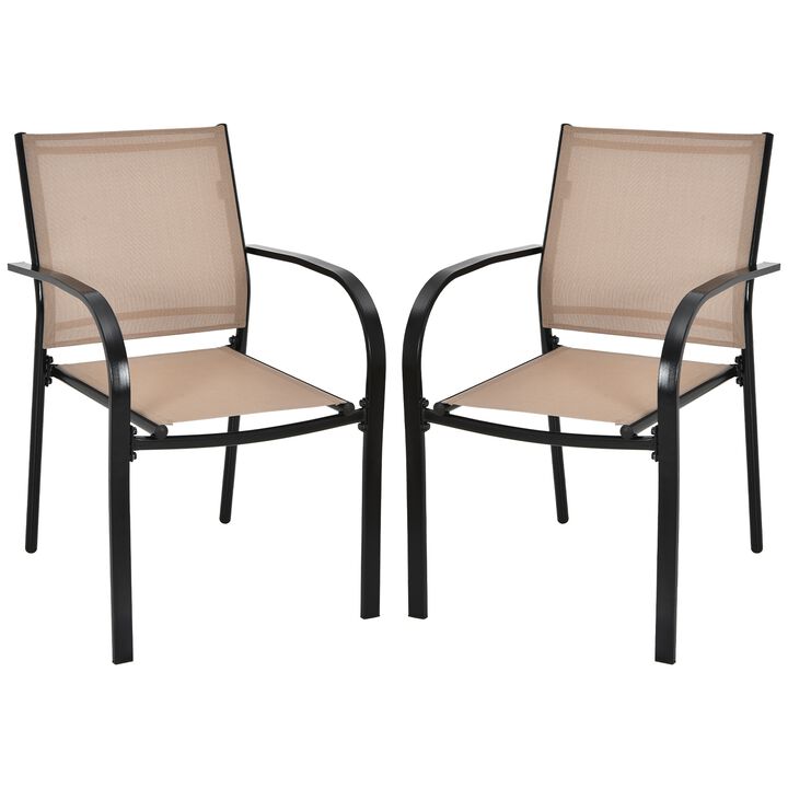 Set of 2 Patio Stackable Dining Chairs with Armrests Garden Deck-Brown
