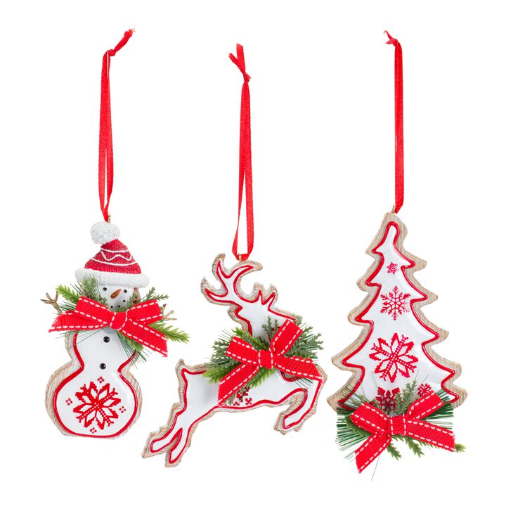 Snowman, Tree, and Deer Christmas Ornaments for Holiday Tree Decoration (Set of 6)