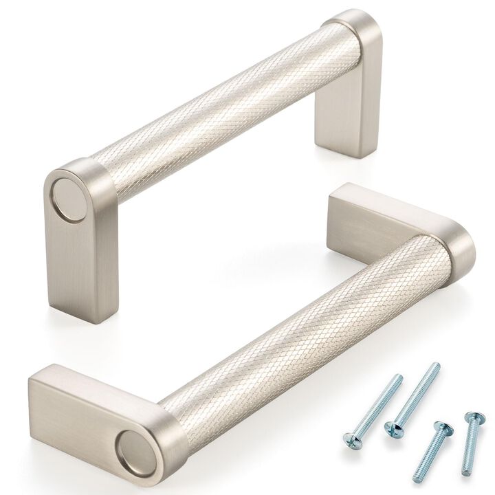 ASKANO Brushed Nickel Cabinet Pulls, 3-3/4 Inch Hole Centers, Knurled Bar Kitchen Cabinet Handles AP1311 | Pack of 10, Solid Har