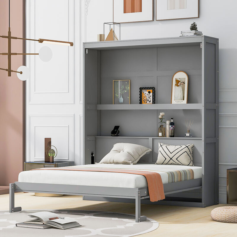 Whisen Modern Design Queen Size Murphy Bed, Folded into a Cabinet with Shelves