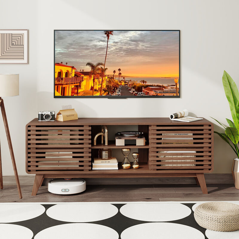 Modern TV Stand with Sliding Doors & Adjustable Shelves for Living Room-Walnut image number 1