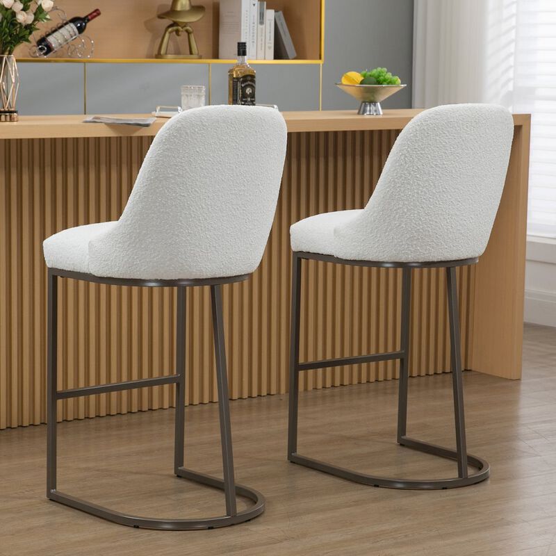 Glamour Home Set of 2 Ayane White Boucle Fabric Bar Stool with Iron Legs