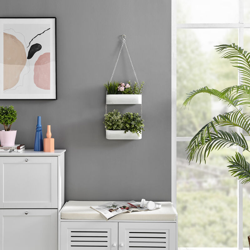 Two-Tier Hanging White Metal Trough Wall Planter